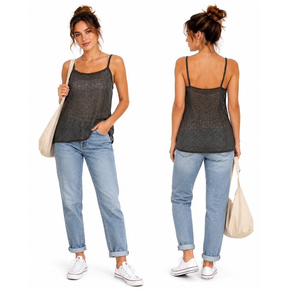 American Eagle Lace Camisole Women Medium Charcoal‎ Grey Excellent Sheer Boho